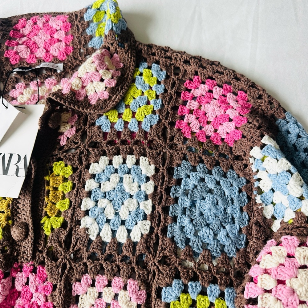 Brand New w Tags! ZARA Multicolored Crochet Knit Polo Sweater Size L - Picture 3 of 4